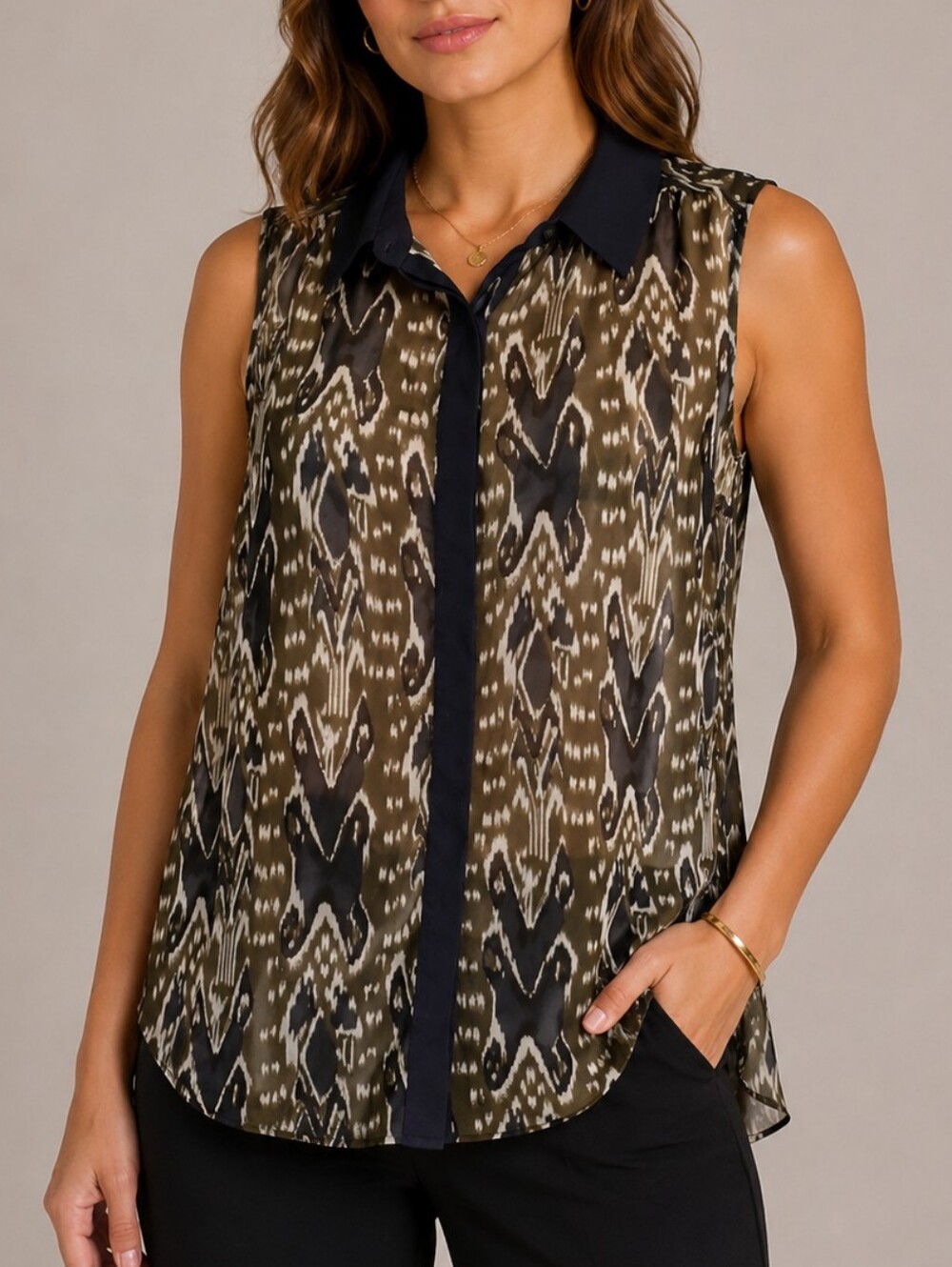 W118 BY WALTER BAKER | Women's Olive Green & Black Sheer Abstract Blouse Size M